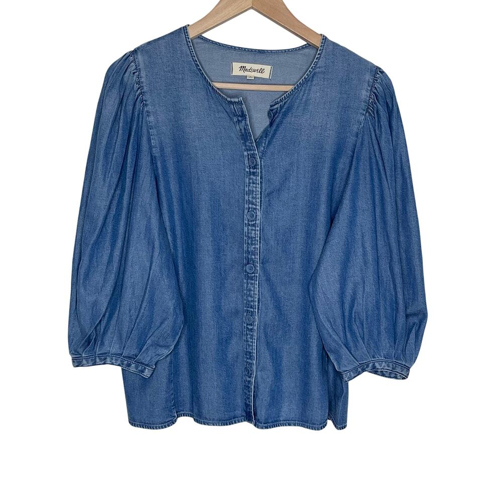 Madewell Denim Puff Sleeve Button Up Chambray Top Size 6 - Picture 3 of 9